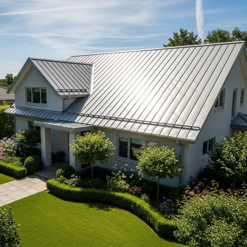 Metal roof reflecting sunlight, highlighting energy efficiency and thermal performance in cold climates